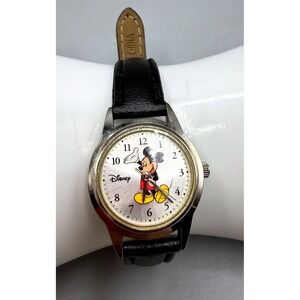 Disney Special Edition Mickey Mouse Watch Silver Tone Black Leather Strap
